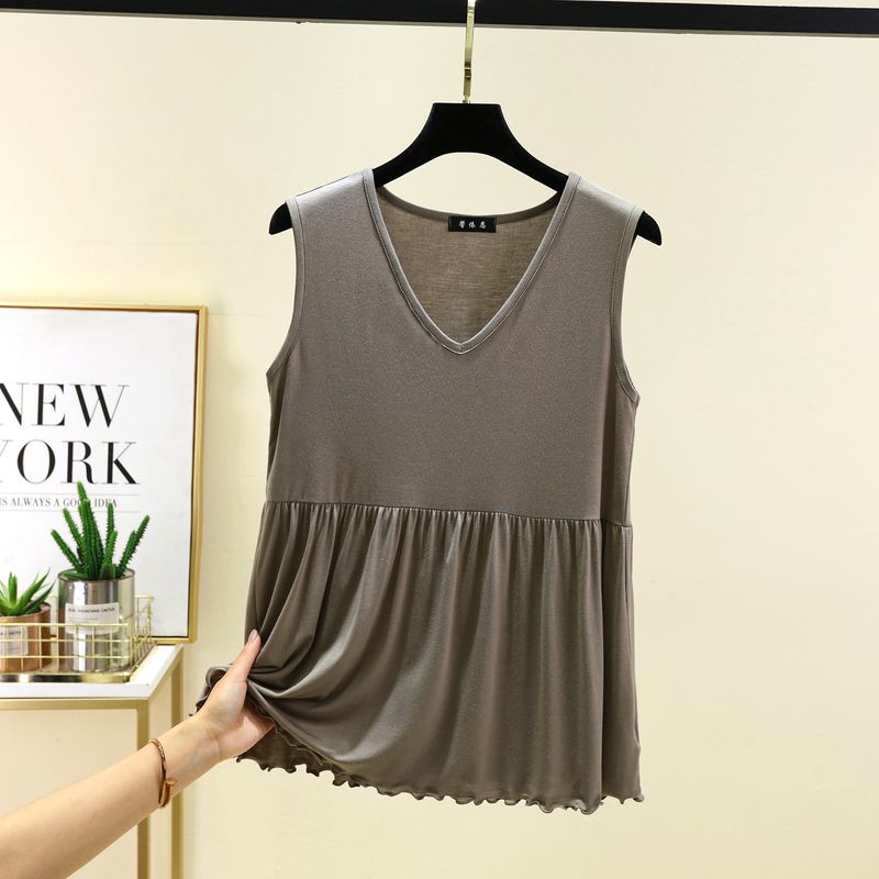 

Модальный топ с V-образным вырезом, женский летний тонкий внутренний, однотонный, без рукавов, свободный, максимально легкий для сочетания, большого размера, повседневная базовая рубашка Gray Green L (Recommendation 52.50 kg-60.00 kg