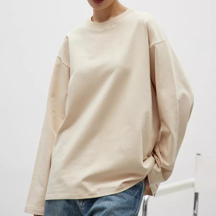 260g Pure Cotton Solid Colour Long Sleeve T-Shirt Women Loose Casual Round Neck Top