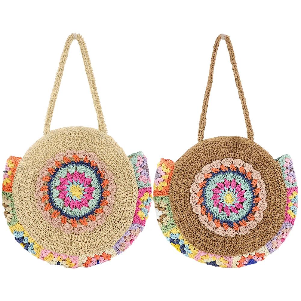Women Fashion Woven Handbag Round Straw Woven Tote Bag Vacation Shoulder Bag Large Capacity Ethnic Style for Travel Vacation