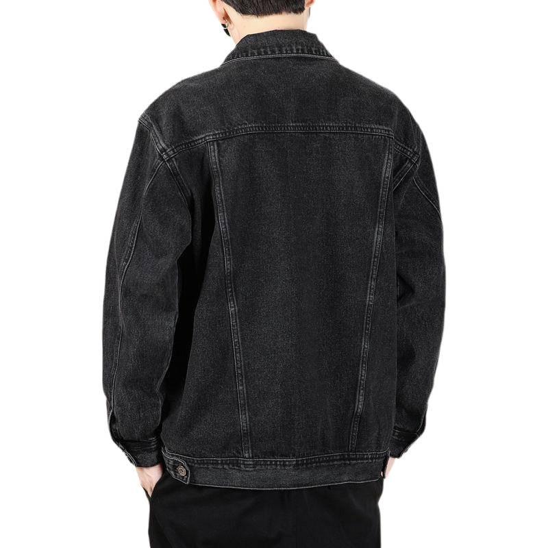 Men's Black Embroidered Loose Denim Jacket - Casual Autumn Plus Size Workwear