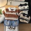 0-5-year-old Boys' Short Sleeved Set Summer Children's Striped POLO Shirt+casual Denim Shorts Two-piece Set