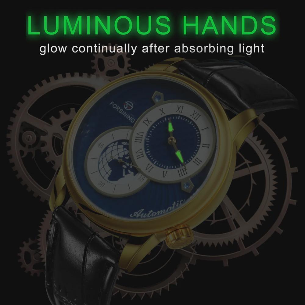 Forsining Men' S Mechanical Watch Fashion Double Dial Automatic Winding Men Wristwatches Sport Genuine Leather Clock For Man