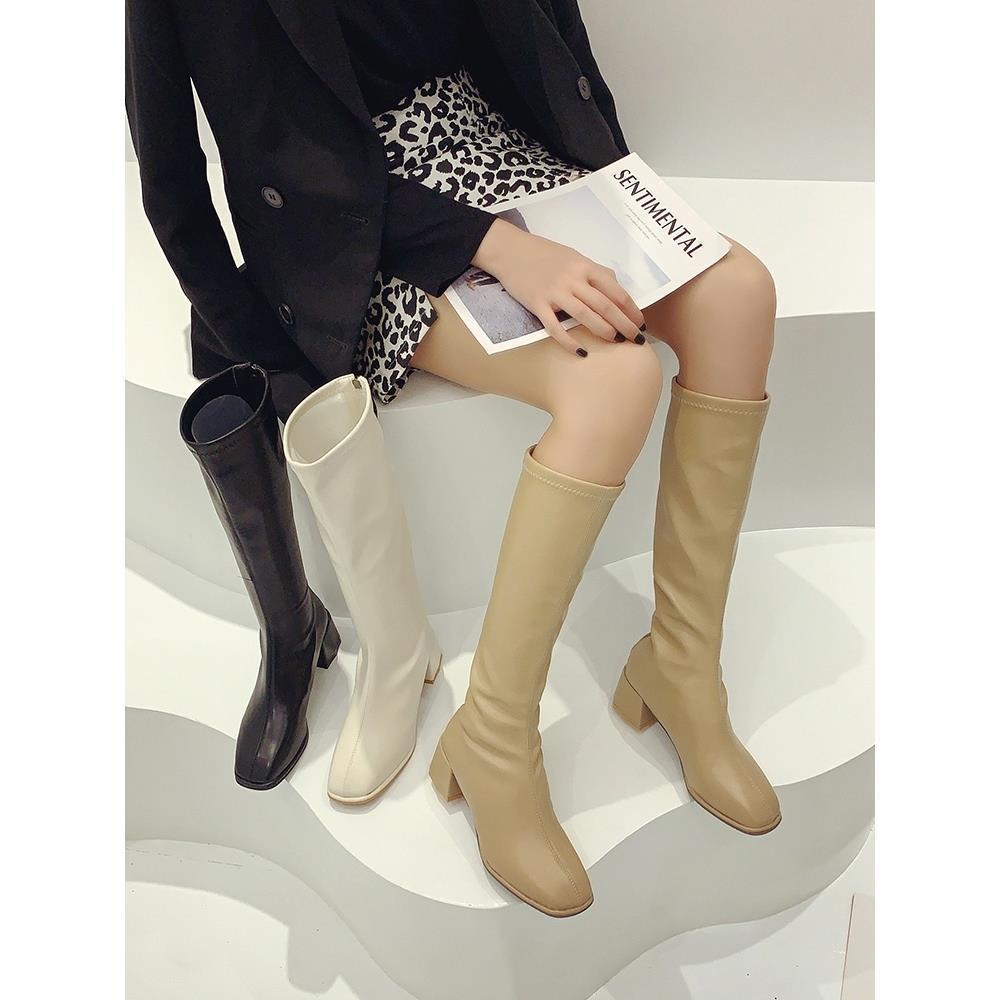 Riddarstövlar knähöga plus size sammet höga stövlar fyrkantig tå men tjock klack vinterstövlar dam