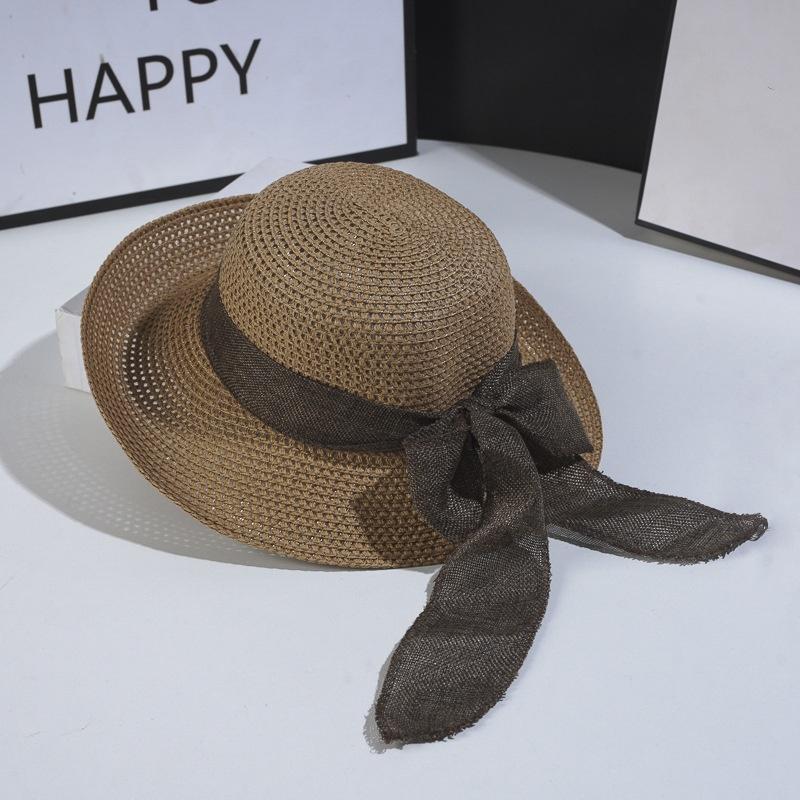Foldable Straw Wide Brim Hat with Bowknot for Women Summer Sun Protection Casual Style