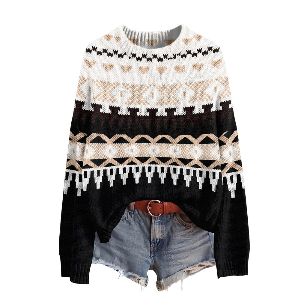 Women's Soft Printed Neck Long Sleeve Sweater for Fall and Winter