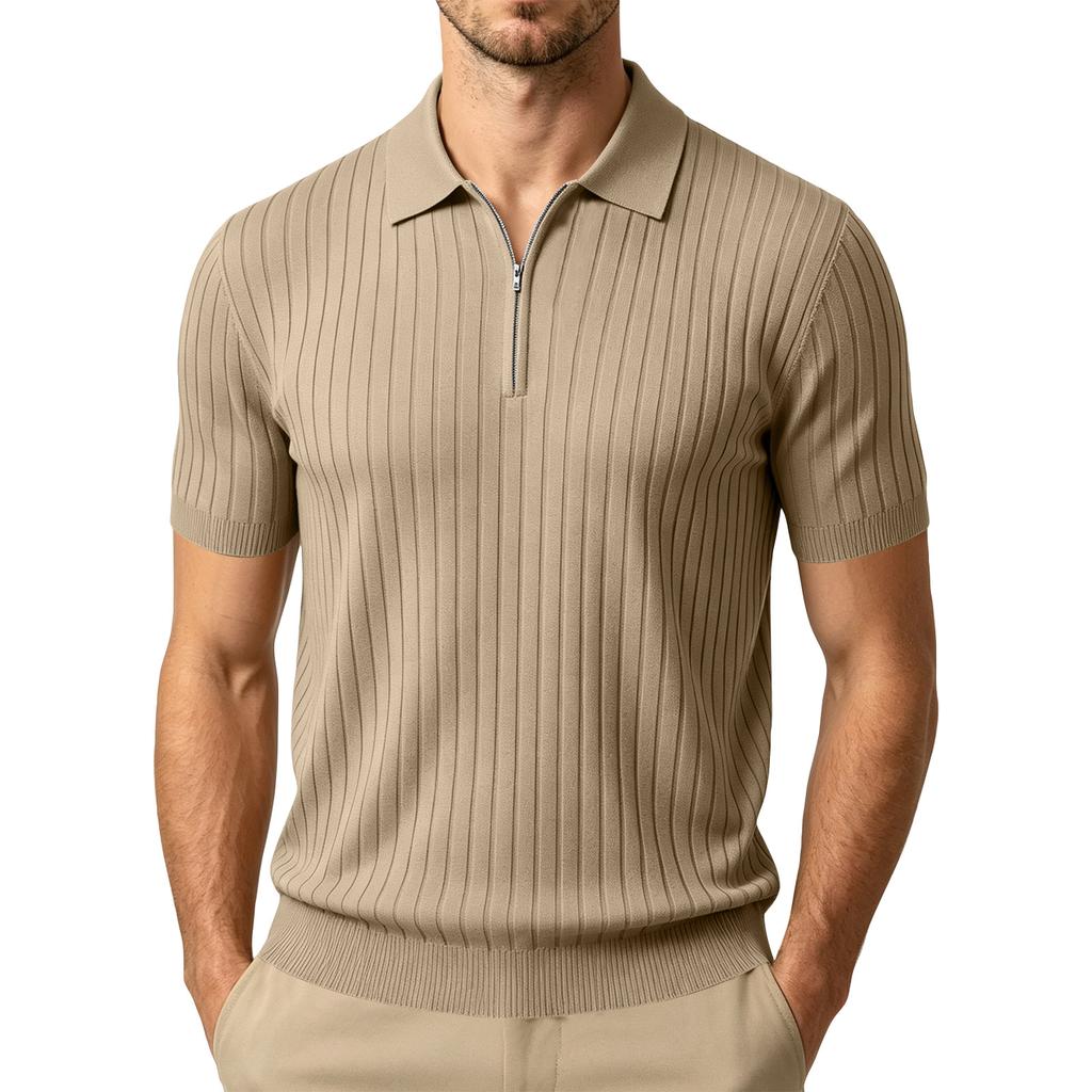 Men's Summer Short Sleeve Polo Shirt Ribbed Knit Half Zip Collar Casual Lightweight Breathable Pullover Top for Everyday Wear