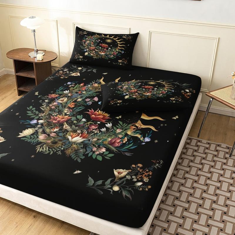 3pcs Black Bohemian Golden Sun Fitted Sheet Set Four-season Luxury Printed Bedding Home or Dorm(1 Fitted Sheet+2 Pillowcases)