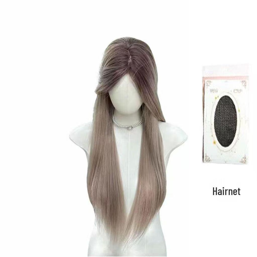 KuKu Princess Milk Tea Grey Middle Part Lace Wig - Women's Long Straight Hair Wig