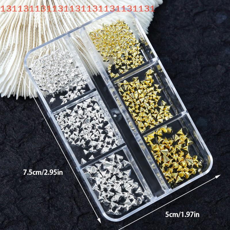 6 Grids Punk Nail Rivets Silver Gold Black Mixed Size Metal Bead Studs Round Cone Nail Art Charms Nail Parts DIY Decoration