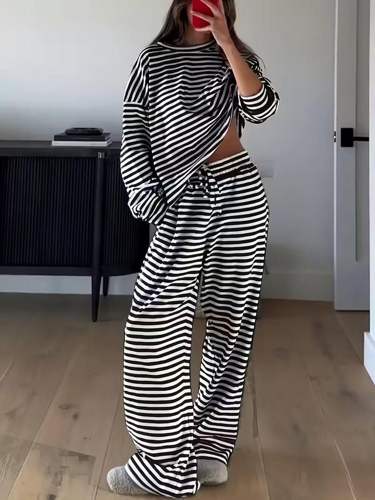 2025 Women's European & American Striped Long Sleeve Top & High Waist Trousers Fashion Set