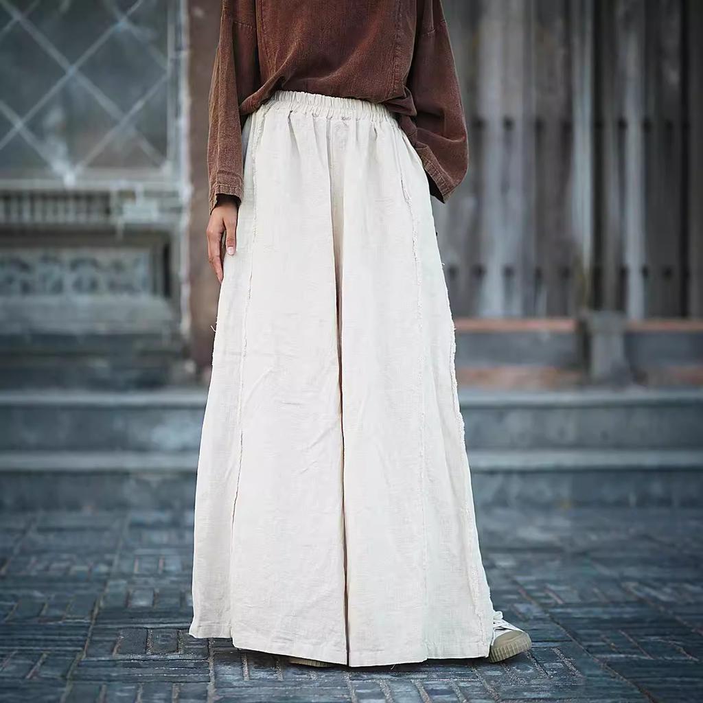 Johnature Women Vintage Solid Color Wide Leg Pants Elastic Waist Patchwork Trousers Spring Chinese Style Long Pants