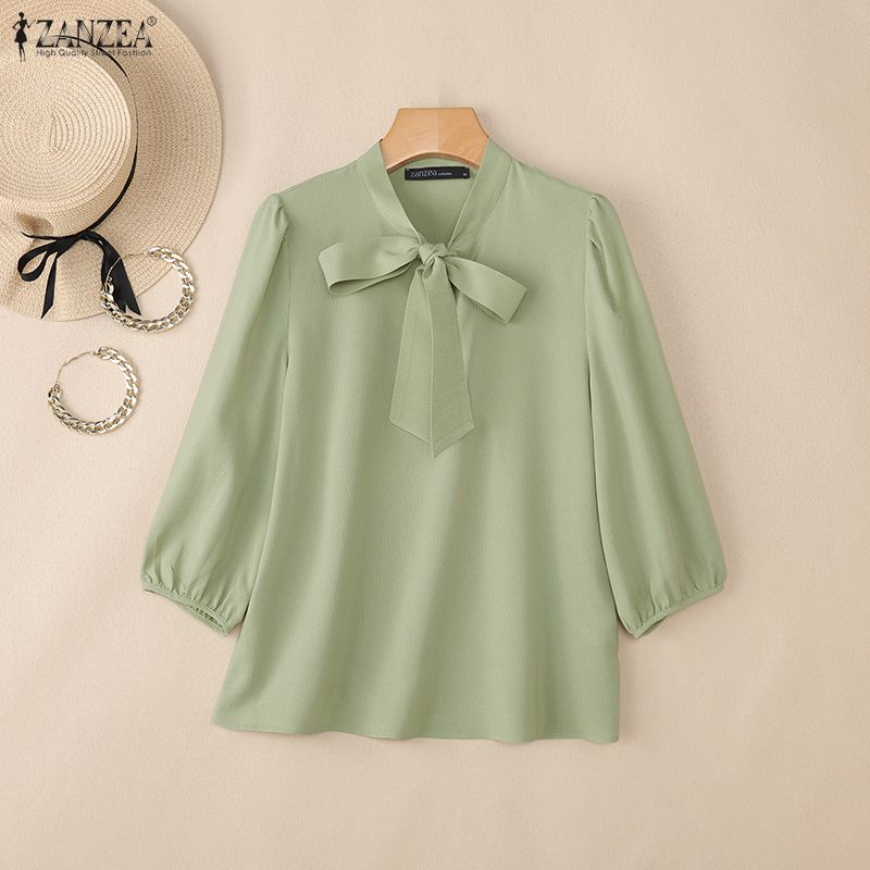 ZANZEA Damen Freizeit Rundhals Einfarbig 3/4 Ärmel Bluse