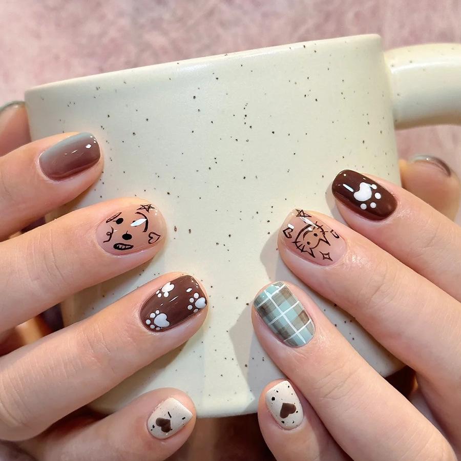 Cartoon Cat & Puppy Gradient Plaid Square False Nail Tips – 24 Detachable Pieces