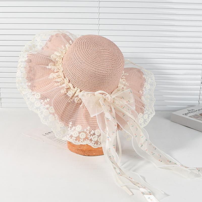 New Visor Pastoral Sweet Lolita Japanese Straw Hat Lace Bow Streamer Hat Straw Hat