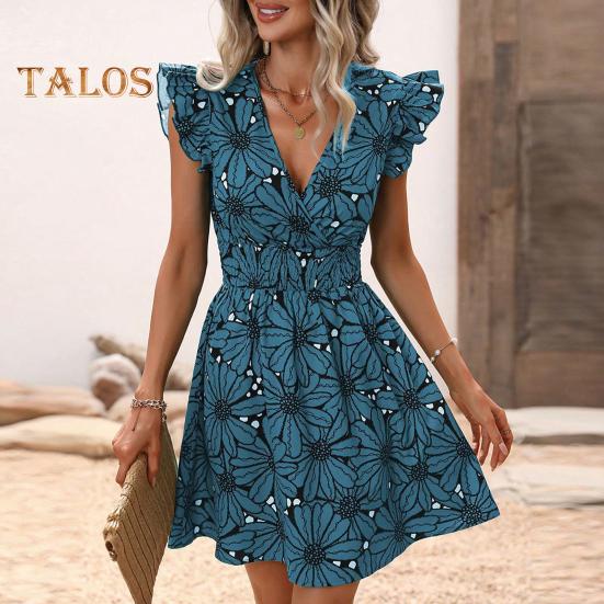Women Summer Dress V Neck Flower Print High Tight Waist A-line Flying  Sleeves Ruffle Pleated Dating Party Vacation Beach Mini Dress  buy the  best products in the Ayzeze online store