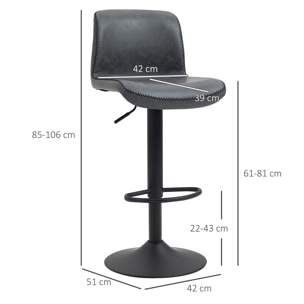 Bar Stools Set Of 2 PU Leather Barstools With Backrest And Footrest For Kitchen Counter Breakfast Bar Dark Grey