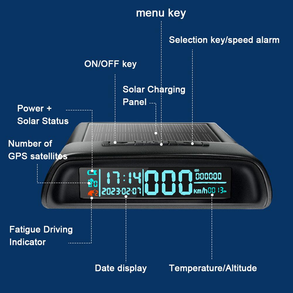 Multifunctional Car Headup Display Solar GPS Digital Speedometer with LED Display Overspeed Alarm