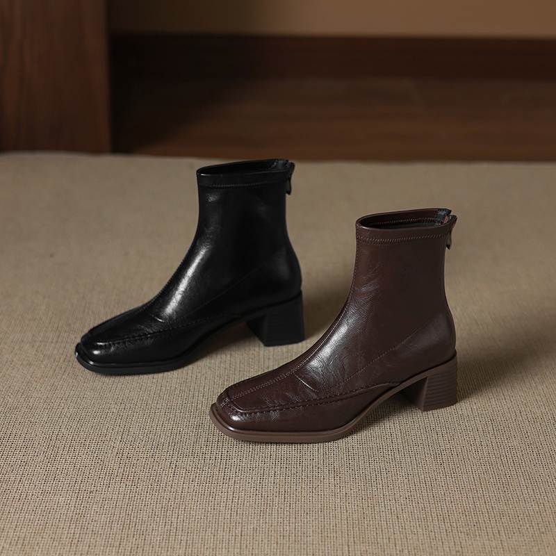 Krazing Pot Botines Chelsea de Puntera Cuadrada con Tacón Grueso de Microfibra Talla 42 Cremallera Decoración Plisada para Mujer Botines Elásticos en el Tobillo