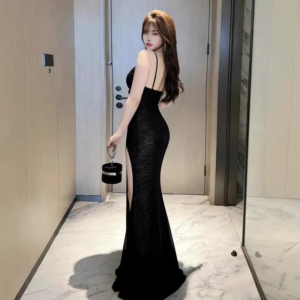 Sexy suspender perspective split-ended long dress perspective high-end evening dress night dress sauna technician fishtail dress women