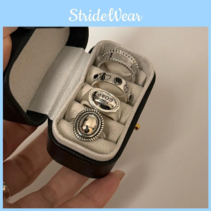 Open Trendy Adjustable Geometric Ring Design With Vintage Heart And Black Zircon For Women