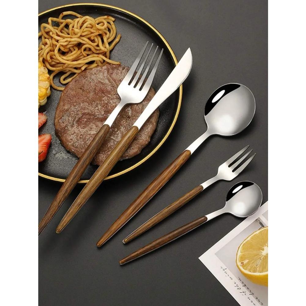 5/20/30pcs Stainless Steel Cutlery Set, Portuguese Imitation Wood Grain Plastic Handle Cutlery, Suitable for Kitchen, Hotel