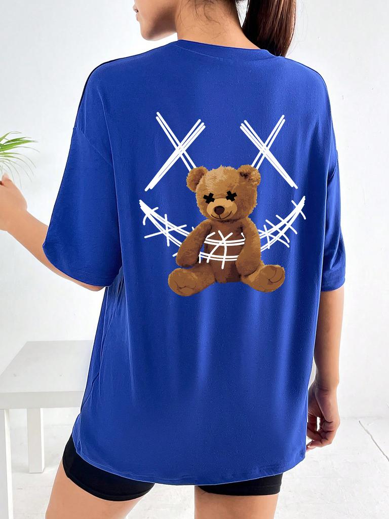 Ein Stoffbär mit einem Verbanddruck T-Shirts Damen Lässig Weiche Oberteile Mode Cooles T-Shirt Kleidung Straße Sommer Kurze Ärmel
