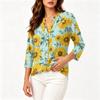 Women's Vintage Floral Print Henley Button Neck Three Quarter Sleeve Cotton Linen Shirt Lightweight Casual Blouse for Daily Wear