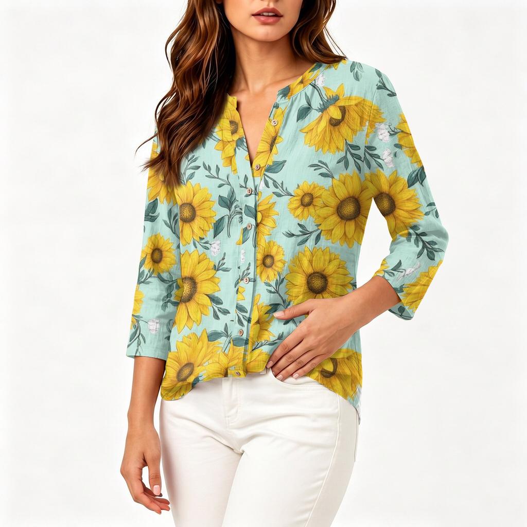 Women's Vintage Floral Print Henley Button Neck Three Quarter Sleeve Cotton Linen Shirt Lightweight Casual Blouse for Daily Wear