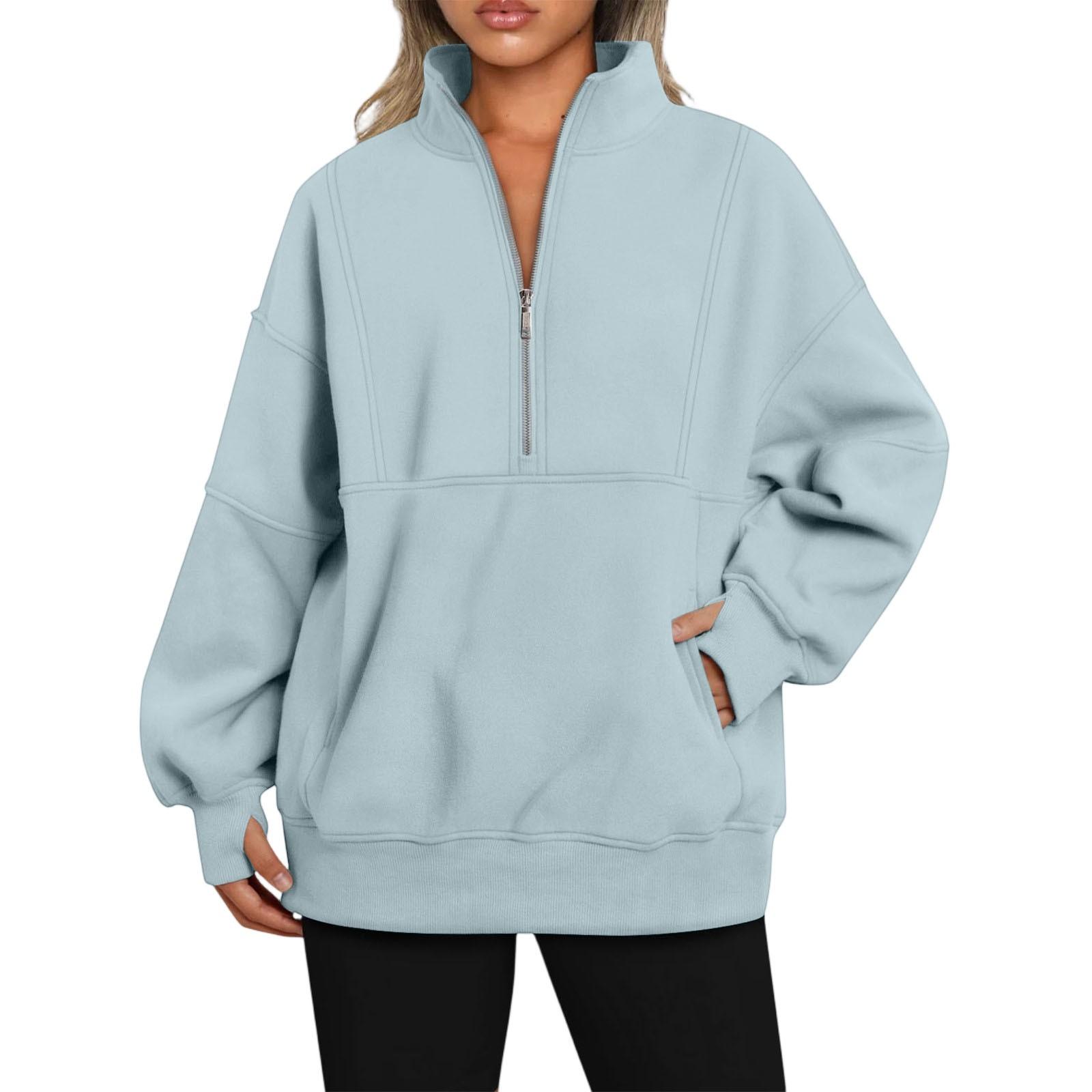 

Жіноча модна вільна спортивна повсякденна одноколірна кишенькова плюшева толстовка з довгим рукавом і напівблискавкою XL