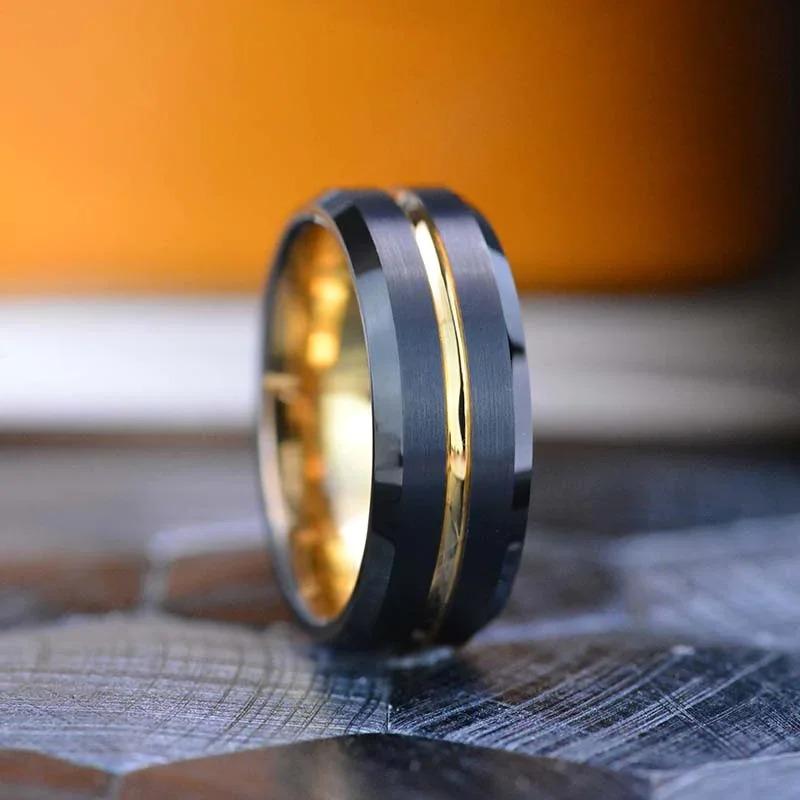 Fashion 8MM Men Gold Color Groove Stainless Steel Rings Black Brushed Engagement Rings For Men Women Wedding Anniversary