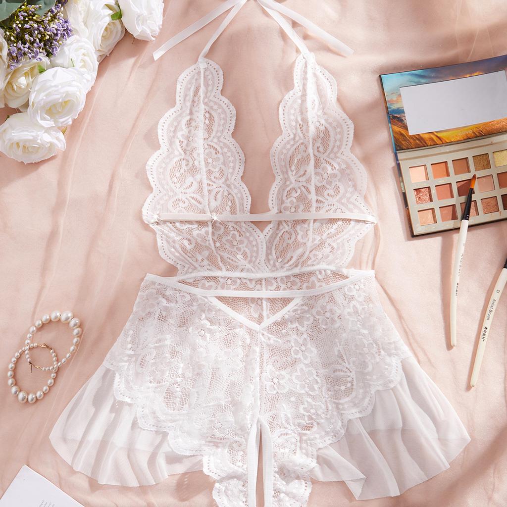 Summer Adult Women's Fashionable Lingerie Lace Sexy Spicy Girl Print Pattern Suspender White Unobstructed See Through Jumpsuit