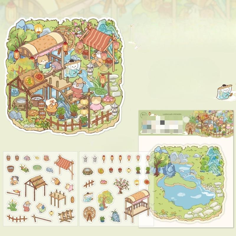 Cartoon Miniature Scene 3D Stickers Retro DIY  PET Landscape Stickers Decompression Korean Stationery Scrapbooking Posters