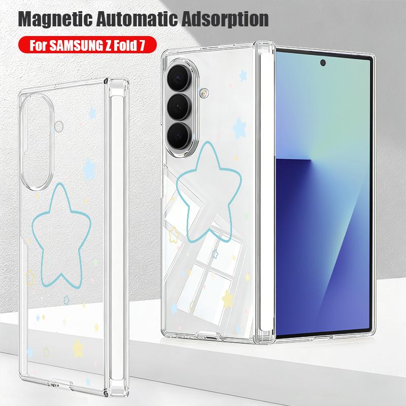 Magnetic Auto Adsorption Clear Phone Case For Samsung Galaxy Z Fold 7 6 5 Fold7 Fold6 Fold5 5G Stars Pattern Hard PC Back Cover