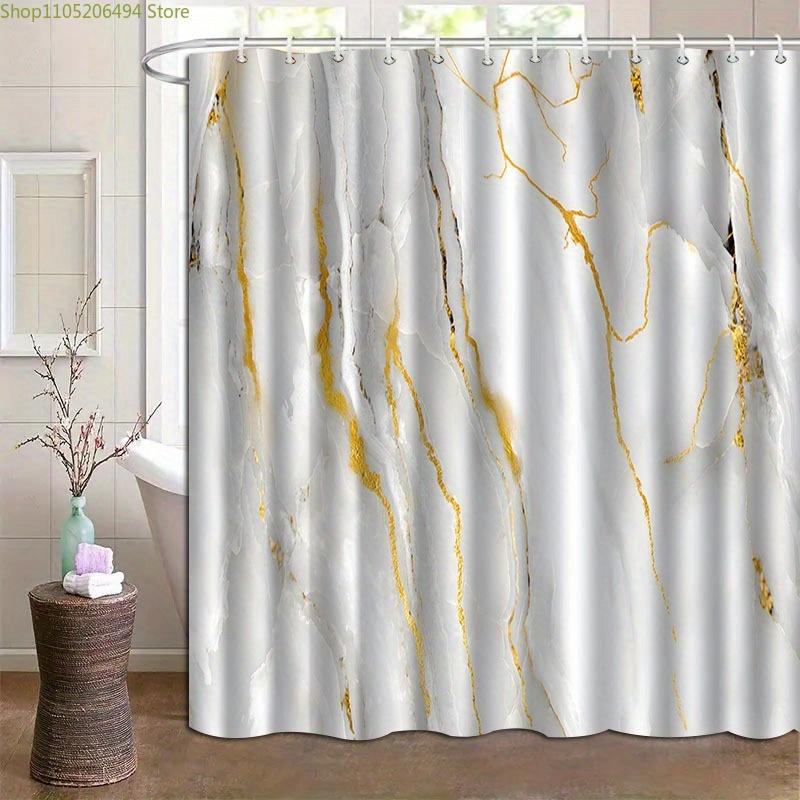 1pc Elegant Marble Pattern Shower Curtain with Hooks - Machine Washable Polyester, Golden & White Design, Perfect for Bathroom