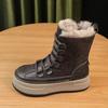 Botas de Neve de Inverno da Moda para Mulheres com Pelo de Pelúcia Quente Sapatos Redondos com Cadarço Cruzado Botinhas de Cano Curto
