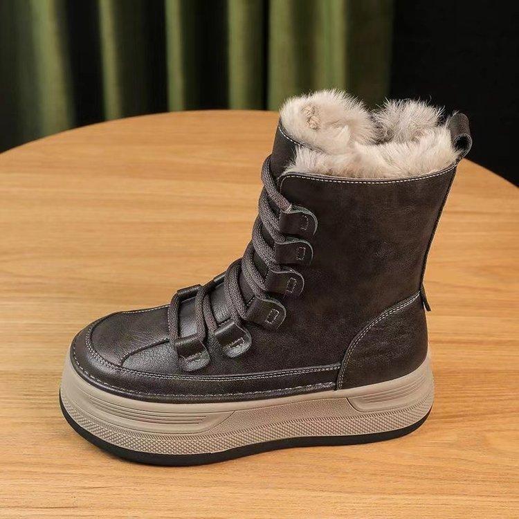 Botas de Neve de Inverno da Moda para Mulheres com Pelo de Pelúcia Quente Sapatos Redondos com Cadarço Cruzado Botinhas de Cano Curto