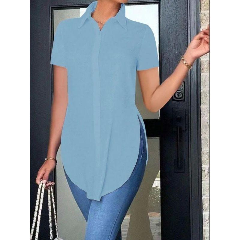 

Solid Color Collar Short Sleeve Shirt Women Solid Color Polo Collar Short Sleeve Shirt green S