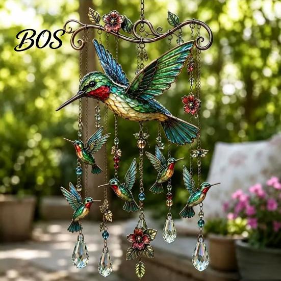 Soothing Garden Decor Graceful Bird Wind Chimes, Chimes for Outside, Metal Imitation Stained Glass Hanging Suncatchers with Crystal Pendants