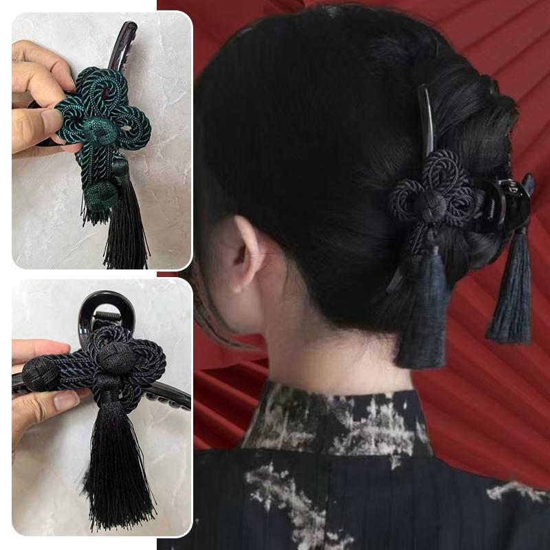 New Chinese Ancient Style Hand Woven Tassel Acrylic Hair Clip Elegant Dignified Cheongsam Hanfu Braided Updo Hairpin for Women