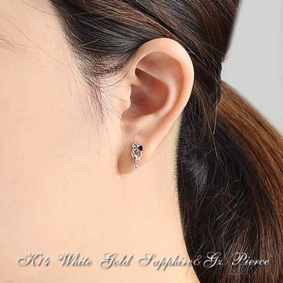 14k White Gold Sapphire and Zirconia Cat September Ma161 [Four-Leaf Clover] Earrings, Birthstone, Women's