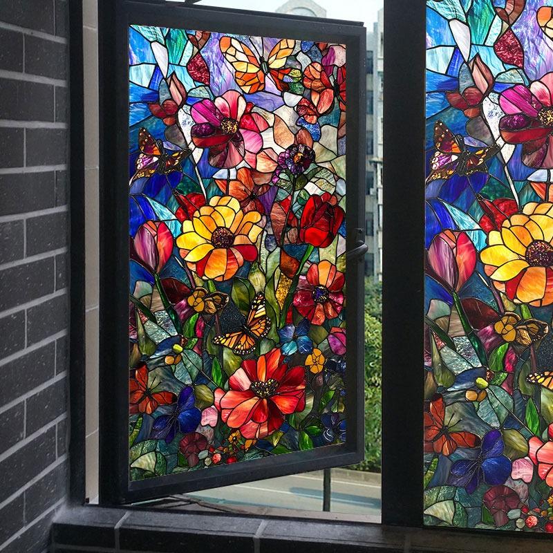 Vintage Art Glass Stickers Painted Flowers Stained Window Films Bathroom Home Decor Static Cling Frosted Privacy Glass Films