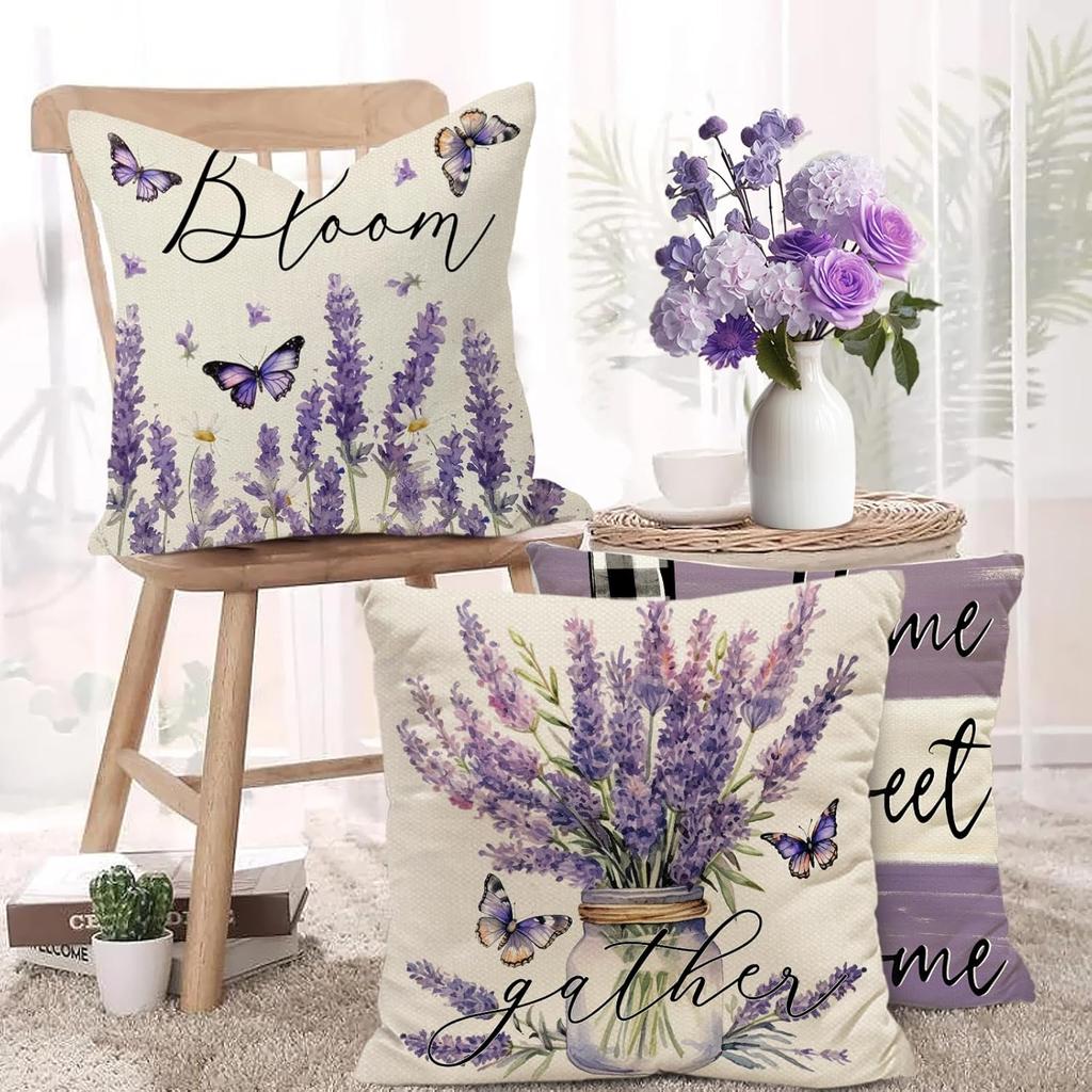 Spring Home Sweet Home Throw Pillow Covers 18 X 18 Inch Bless This Home Purple Lavender Floral Butterfly Mason Jar Pillow Case Farmhouse Seasonal