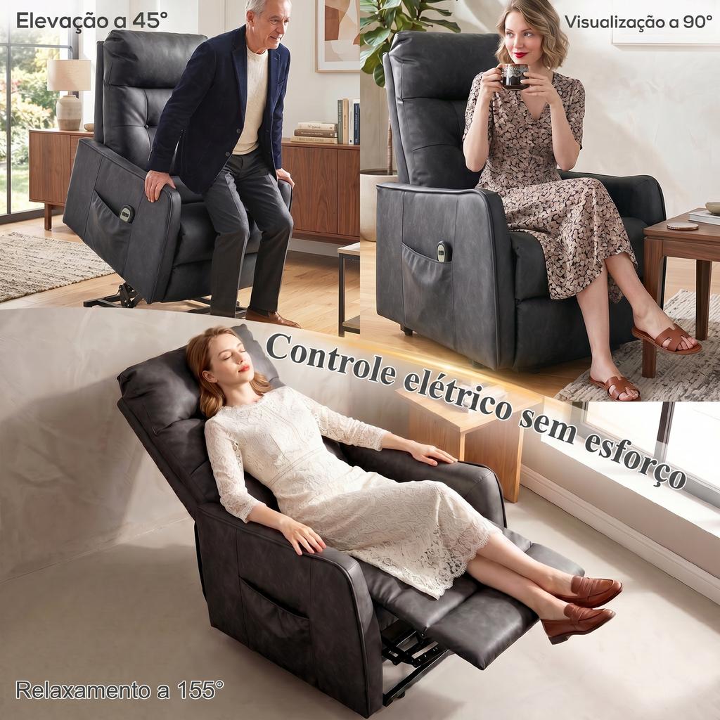 Electric Reclining Lift Chair In PU Leather With Remote Control Spring Seat Footrest Gray