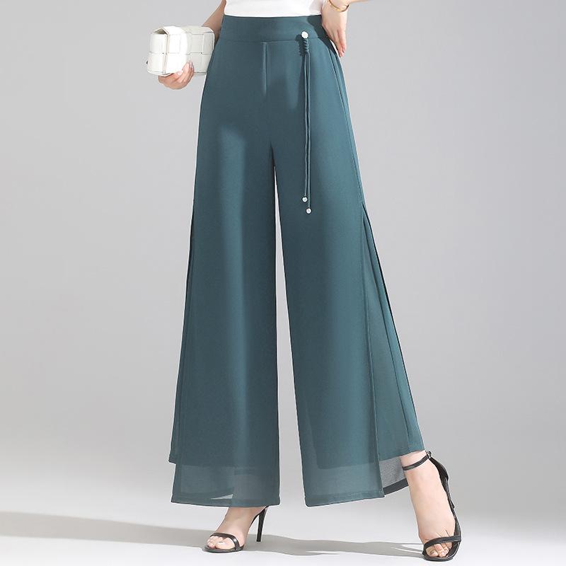 Double Pants Fashion Slit Pants Spring Summer Comfortable Elastic Waist Slim Chic Droop Pants
