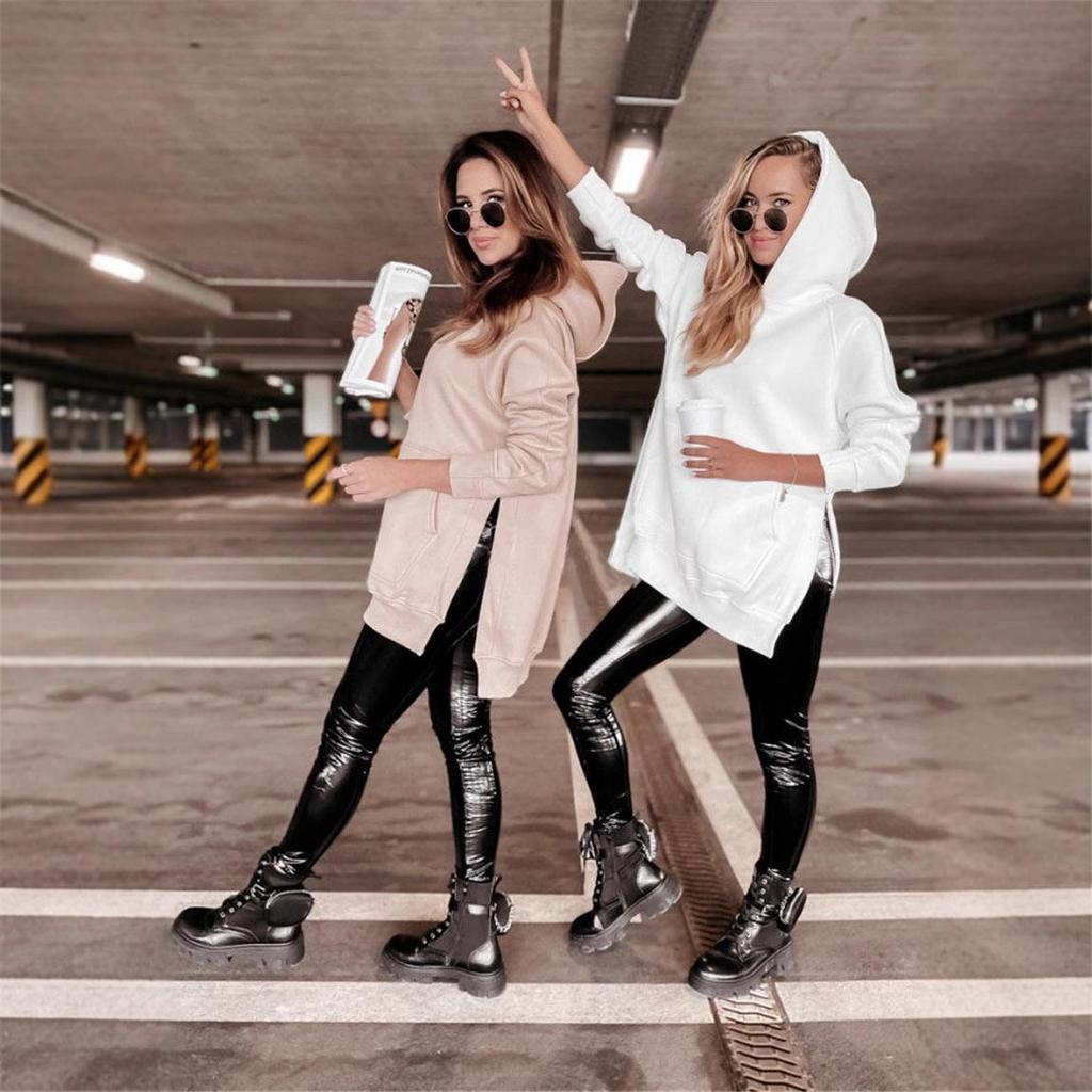2024 Autumn/Winter Women's Solid Color Hooded Sweatshirt with Slit