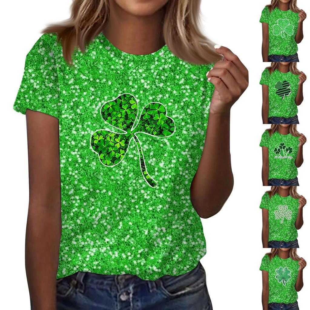 Women's  Casual Short Sleeve Shirts Fashion St Patrick's Print Tunic Tops With Pockets