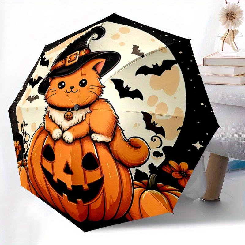 1pc Moon Orange Cat Pumpkin Halloween Cartoon Umbrella, Portable 3-Fold Compact Umbrella, Suitable for Camping, Hiking and Travel, Ideal Easter B