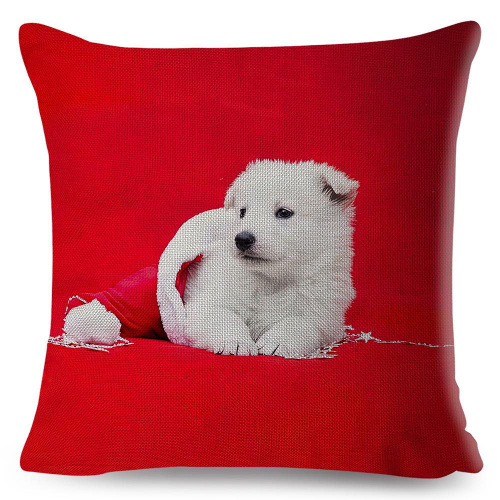 Holiday Puppy Cushion Cover Merry Christmas New Year Design Soft Linen Blend Home Decor Pillow Case