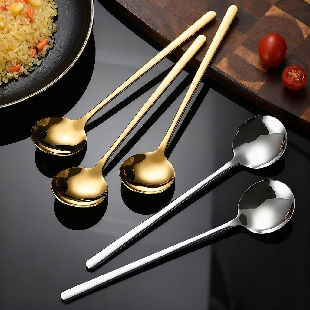 304 Stainless Steel Long Handle Korean Round Spoon - Ideal for Coffee Stirring, Desserts, Bird's Nest, and Ladling.