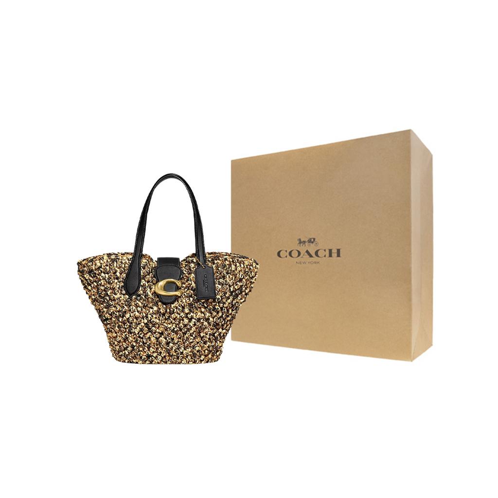 New COACH Straw Leather Dumpling Bag Handbag, Shoulder Bag Women's Gold & Black CH741-BNABK